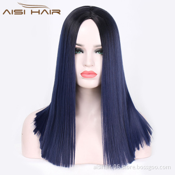 Aisi Hair Wholesale Middle Length Silky Straight Ombre Dark Blue Color Wig Afro Synthetic Cosplay Wigs For Black Women